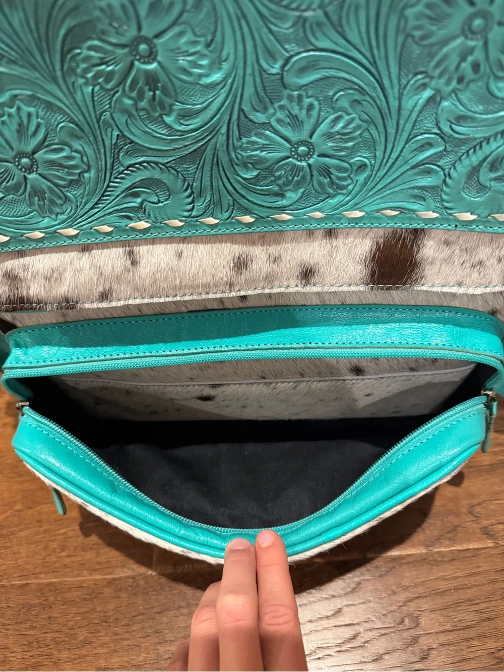 Western Linens Turquoise Cowhide Tooled Leather Backpack NWOT